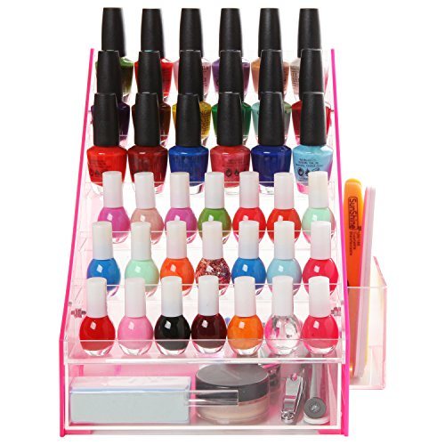 Pink & Clear Acrylic Nail Polish Organizer with Drawer and Holder Cup